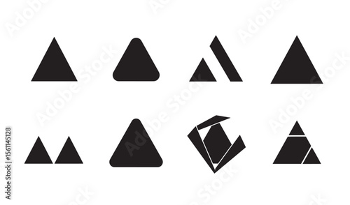 Minimalist black triangle shapes various designs and arrangements on a white background