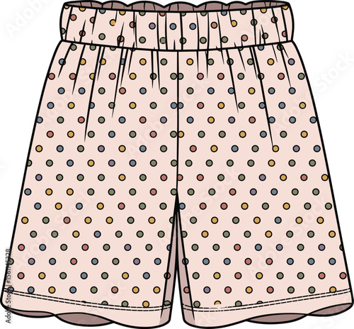 Pink and beige polka dot shorts with ruffled hem, stylish summer clothing for kids, comfortable fashion design, casual apparel template