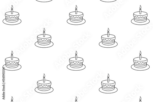 A seamless pattern of simple line-drawn birthday cakes with candles on white background. The cakes are round with icing and sit on plates.