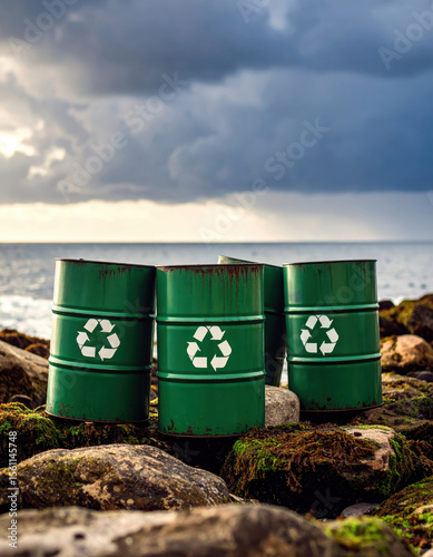 Green Recycling Barrels on Rocky Shoreline with Wind Turbine in Background, Symbolizing Sustainable Energy and Environmental Responsibility