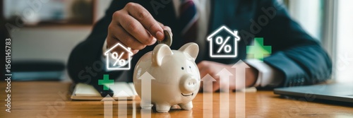 Person saving money for a home, putting a coin in a piggy bank.