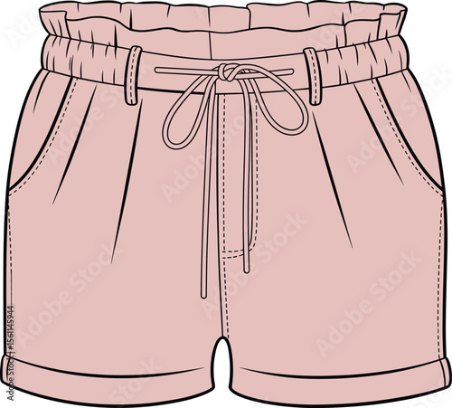 Pink drawstring shorts with elastic waistband, stylish summer fashion front view illustration, comfortable casual clothing design, trendy women’s apparel template