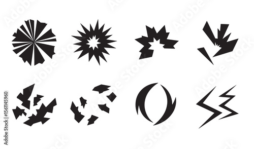 Set of eight black and white geometric explosions and burst vector graphic elements
