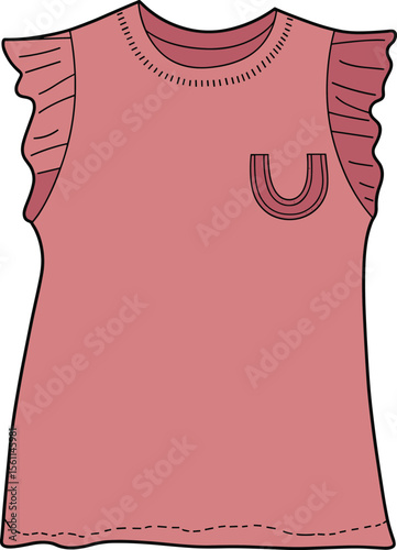 Pink sleeveless top with ruffled shoulder detail, front pocket design, trendy summer fashion apparel illustration, casual stylish clothing template