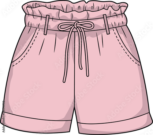 Pink paperbag waist shorts with front pockets, stylish summer fashion design for women, ruffled waistband illustration, casual comfortable apparel template