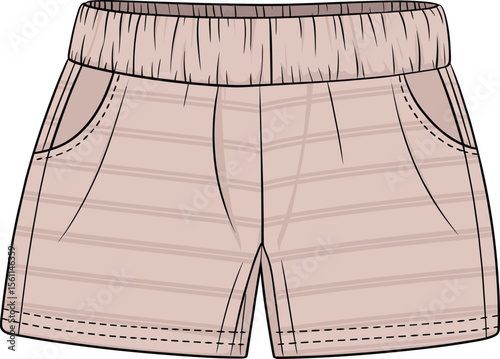 Beige drawstring shorts front view with elastic waistband and side pockets, stylish casual summer fashion design, comfortable women’s apparel illustration