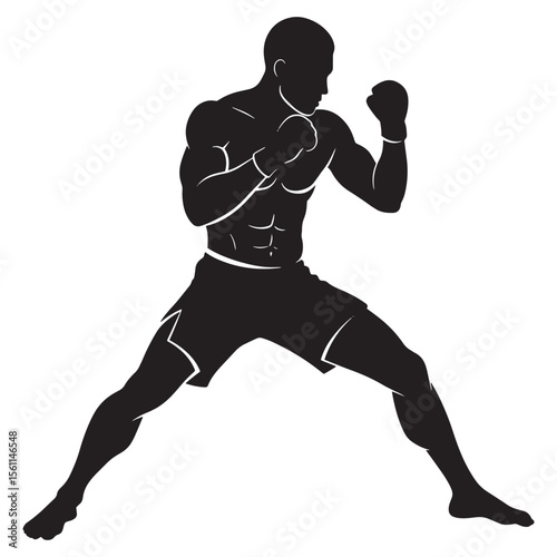 Silhouette of a muscular boxer in fighting stance on white background with sharp outlines