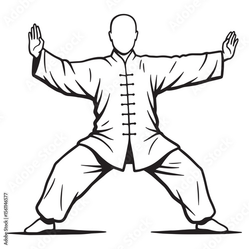 Silhouette of a person performing tai chi in a traditional chinese uniform