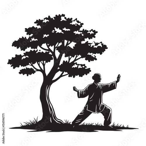 Silhouette of a person practicing tai chi under a tree for wellness and relaxation
