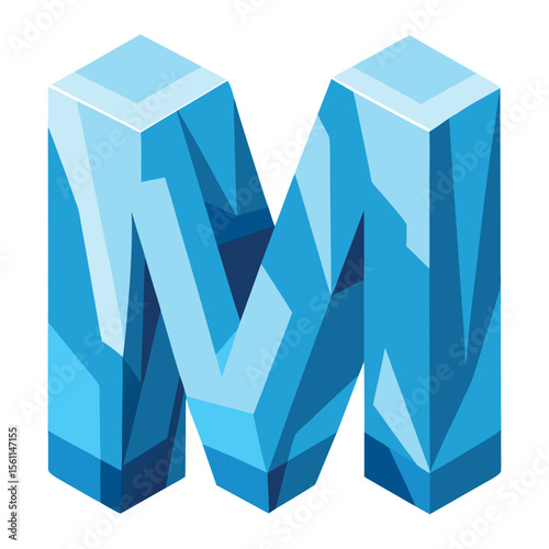 Capital letter M carved from clear blue ice with cool transparency and frosty look.