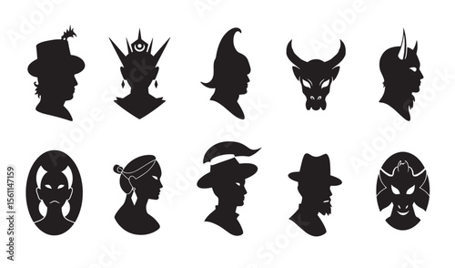 Silhouetted head portraits featuring mythical figures and humans in different hats