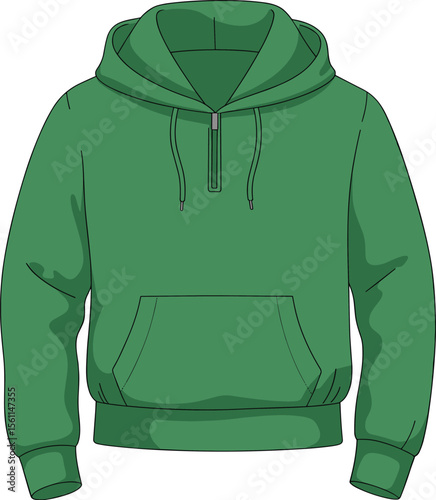 Green hooded sweatshirt with drawstring and front pocket, casual pullover fashion design, cozy comfortable apparel template for winter streetwear