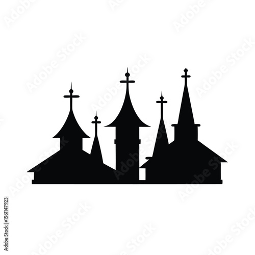 Collection of Churches Silhouette Vector Illustration, Black and White Church Steeples Design