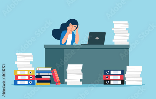 Female employee overwork in office vector illustration. Manager sitting at computer desk with stack of documents in mess and deadline tasks holding hand on head flat design