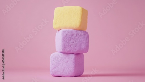 Three pastel-colored marshmallow cubes stacked vertically on a pink background