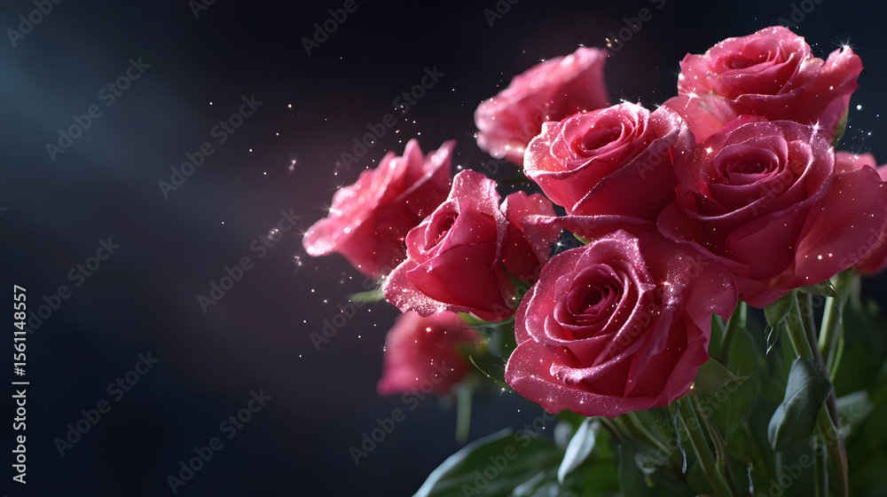 custom made wallpaper toronto digitalRose Blooms Elegance: A captivating image presents an exquisite bouquet of red roses, each petal exquisitely formed and adorned with delicate water droplets, against a moody dark backdrop.