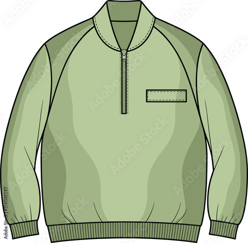 Green quarter-zip pullover with front chest pocket, casual fashion apparel template for outdoor winter wear, stylish clothing sketch, modern design