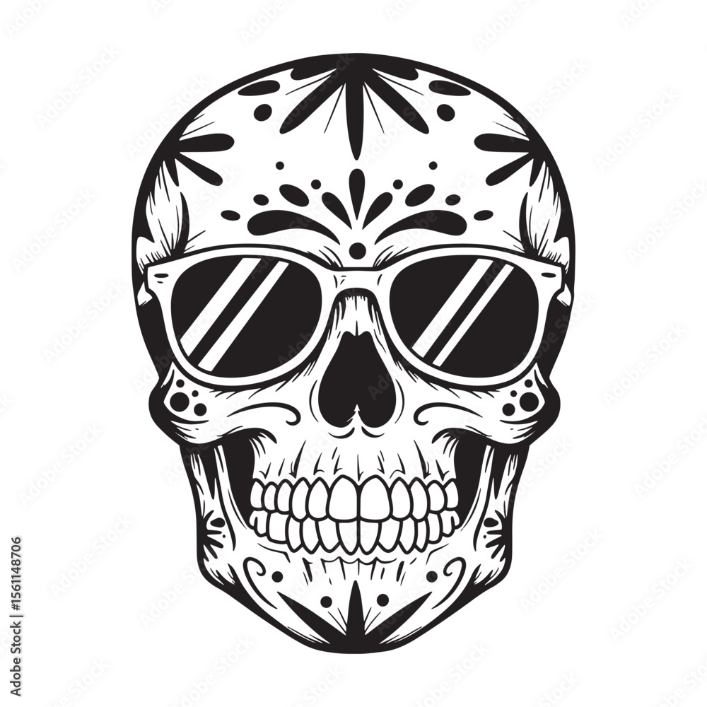 Obraz premium Vector illustration of a decorated skull wearing sunglasses in black and white