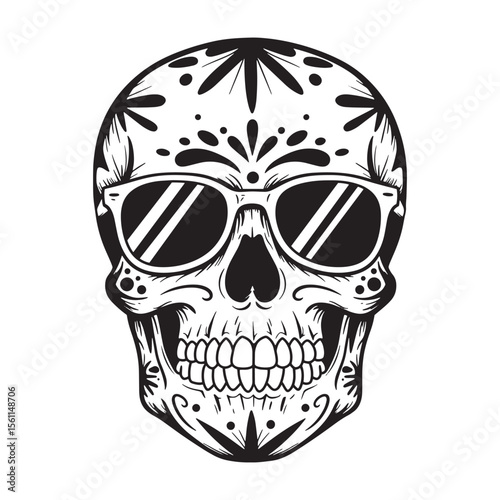 Vector illustration of a decorated skull wearing sunglasses in black and white