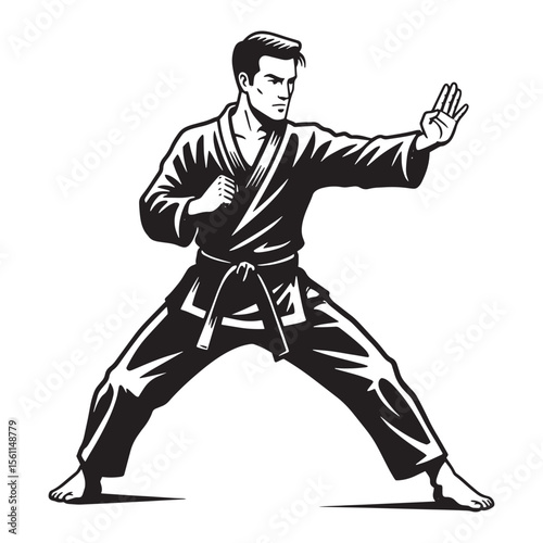Vector illustration of a karate practitioner in a dynamic martial arts stance isolated on white.