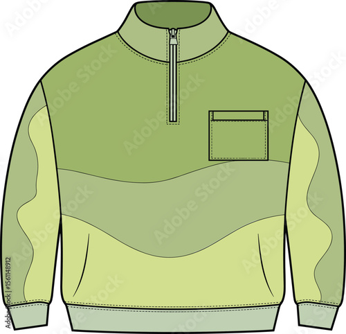 Green half-zip pullover with front pocket, stylish casual clothing design for outdoor fashion, comfortable wear, modern apparel sketch template