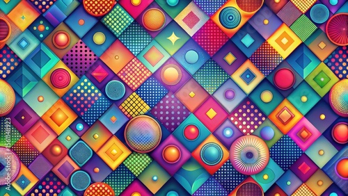 Vibrant Geometric Mosaic of Interlocking Shapes and Bold Colors Featuring a Dynamic Array of Circular and Square Elements