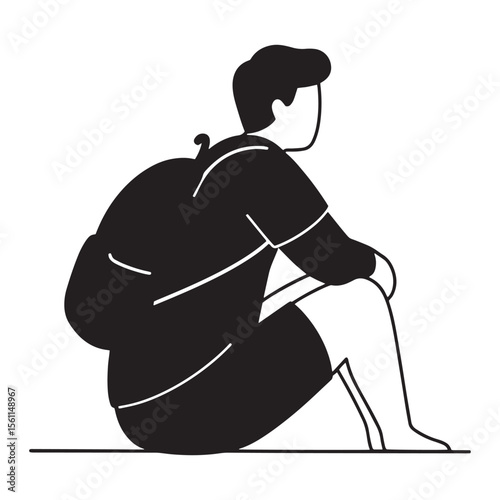 Vector illustration of a person sitting with a backpack looking towards the distance in black and white