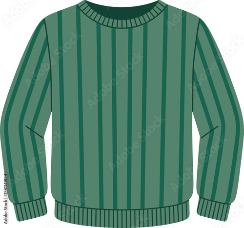 Green striped winter knit sweater front view, ribbed cuffs and neckline, cozy casual pullover design, stylish fashion apparel, vector mockup
