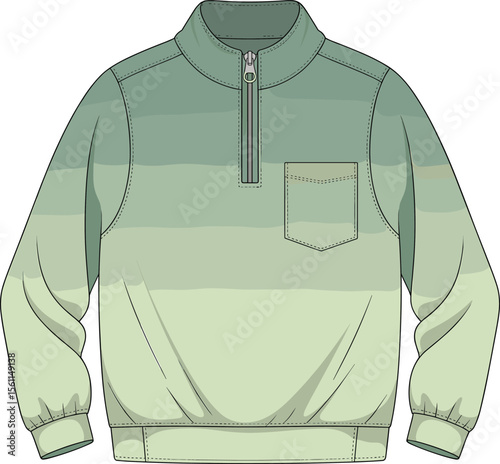 Green gradient quarter-zip pullover illustration, stylish winter fashion apparel design, long sleeve top with chest pocket, cozy casual wear