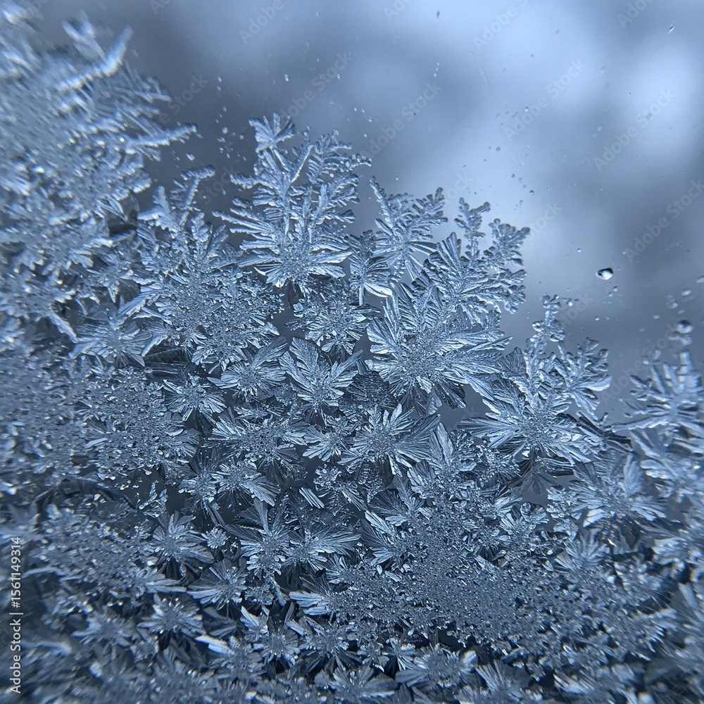 Fototapeta premium Close-up of intricate ice crystals and frost patterns forming on a surface, creating a delicate, wintery texture.