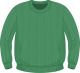 Green knitted sweater illustration, ribbed cuffs detail, cozy winter clothing design, stylish casual pullover template, fashion apparel mockup, comfortable wear