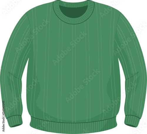 Green knitted sweater illustration, ribbed cuffs detail, cozy winter clothing design, stylish casual pullover template, fashion apparel mockup, comfortable wear