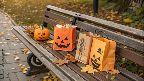 Halloween themed bags and a pumpkin sitting on a park bench surrounded by autumn leaves outdoors