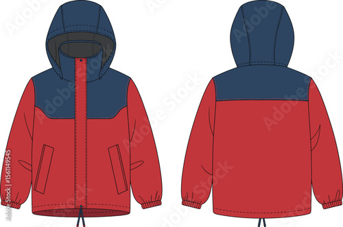Red and blue hooded jacket design, stylish outerwear apparel for outdoor adventure, front and back fashion illustration, functional template