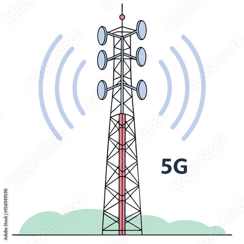 Illustration of a tall communication tower with multiple antennas emitting signals and the text symbol