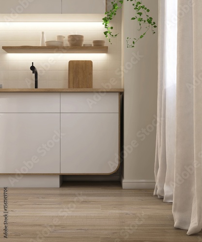 Brown wooden parquet floor in modern, minimal cream kitchen with white cabinet counter wooden top, square tile splash back in sunlight from window for interior design decoration background 3D