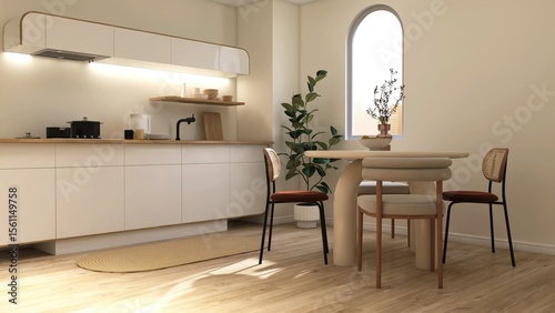 Modern, minimal cream kitchen and dining room with white cabinet counter wooden top, beige round dining table in sunlight from window on parquet floor for interior design decoration background 3D