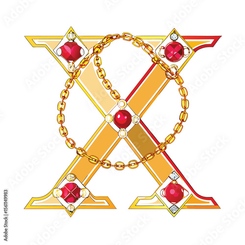 Luxurious capital letter X made of shiny gold chains and sparkling gems, elegant design.