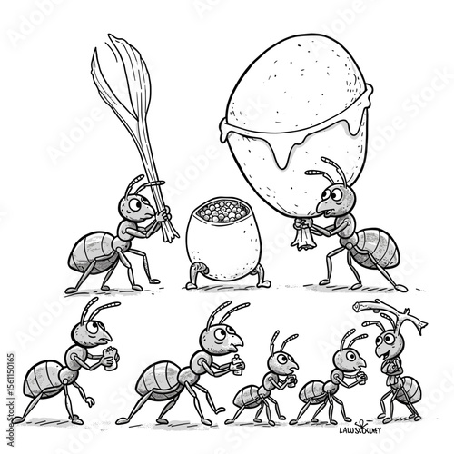 Ants carry various items like a leaf, an egg-shaped object, and small round pieces in a playful black-and-white line art scene.