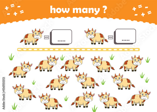 Math game for kids. Count how many animals are turned left and how many are turned right. Vector Illustration