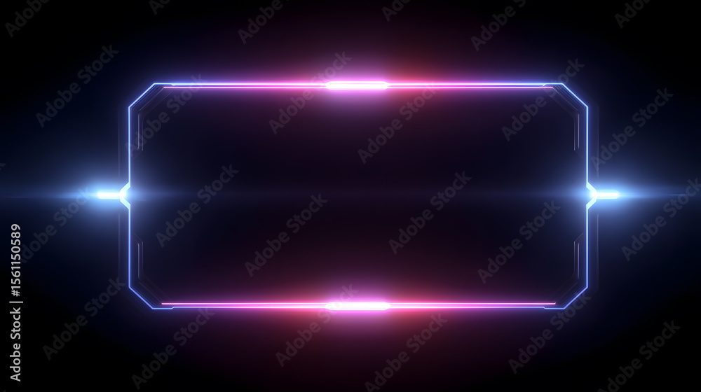 Fototapeta premium Neon Frame Abstract: A sleek, neon-lit frame, aglow with futuristic elegance, hovers against a deep, velvety black backdrop. A modern visual to elevate your design.