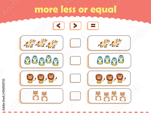 More, less or equal. Count the amount of cute wild animals. Educational math game for kids. Vector Illustration