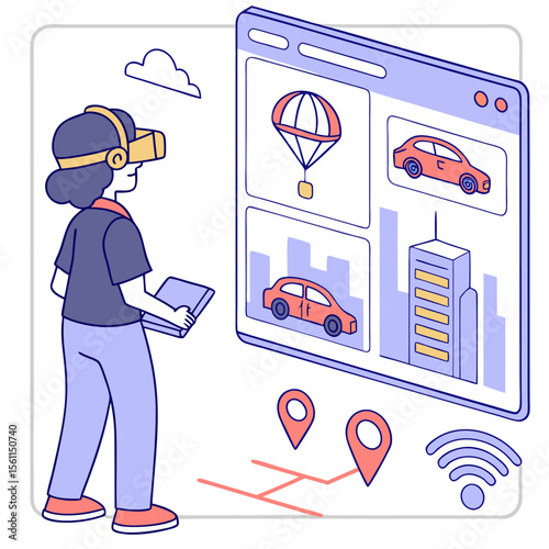Person using vr headset interacting with a virtual interface displaying cars, a parachute, and cityscapes