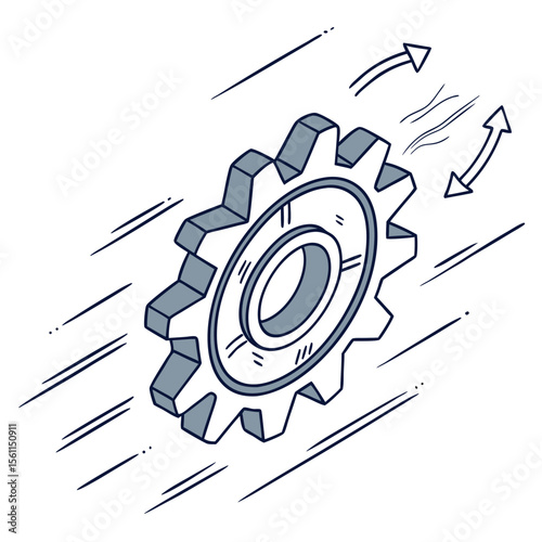 Isometric view of a gray gear with motion lines and curved arrows indicating movement and rotation effect