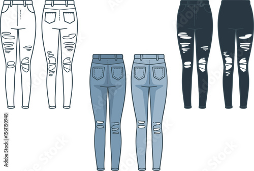 Ripped denim jeans collection, distressed fashion pants for casual wear, stylish black and blue denim, modern wardrobe illustration, trendy design