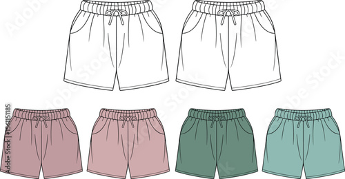 Women's Comfortable Casual Shorts Technical Fashion Flat Sketch Collection: Ideal for Loungewear, Sportswear, and Everyday Summer Style