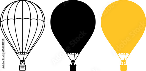 Hot air balloon vector illustration set outline black and yellow balloons isolated on white background editable vector illustration
