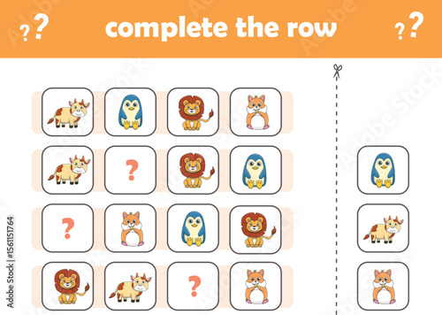 Education game for children complete the pattern. Cute wIld animals. Vector Illustration
