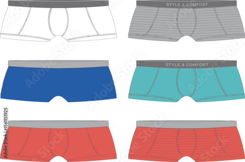 Men's Stylish & Comfortable Boxer Briefs Collection: Everyday Essential Underwear, Variety of Colors & Textures for Modern Apparel Design, Flat Lay Template