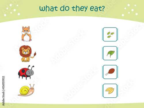 What do they eat matching game for kids with cute wild animals. activity page for kindergarteen and preschool. Vector illustration